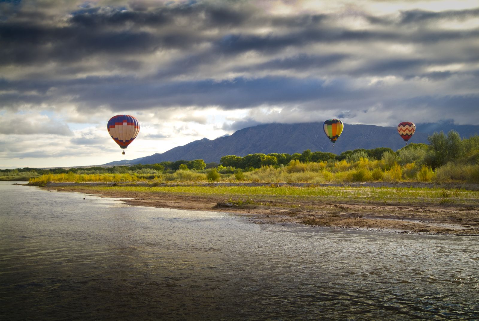 Hot air balloons over the Rio Grande bosque and the Sandia Mountains in Corrales, New Mexico