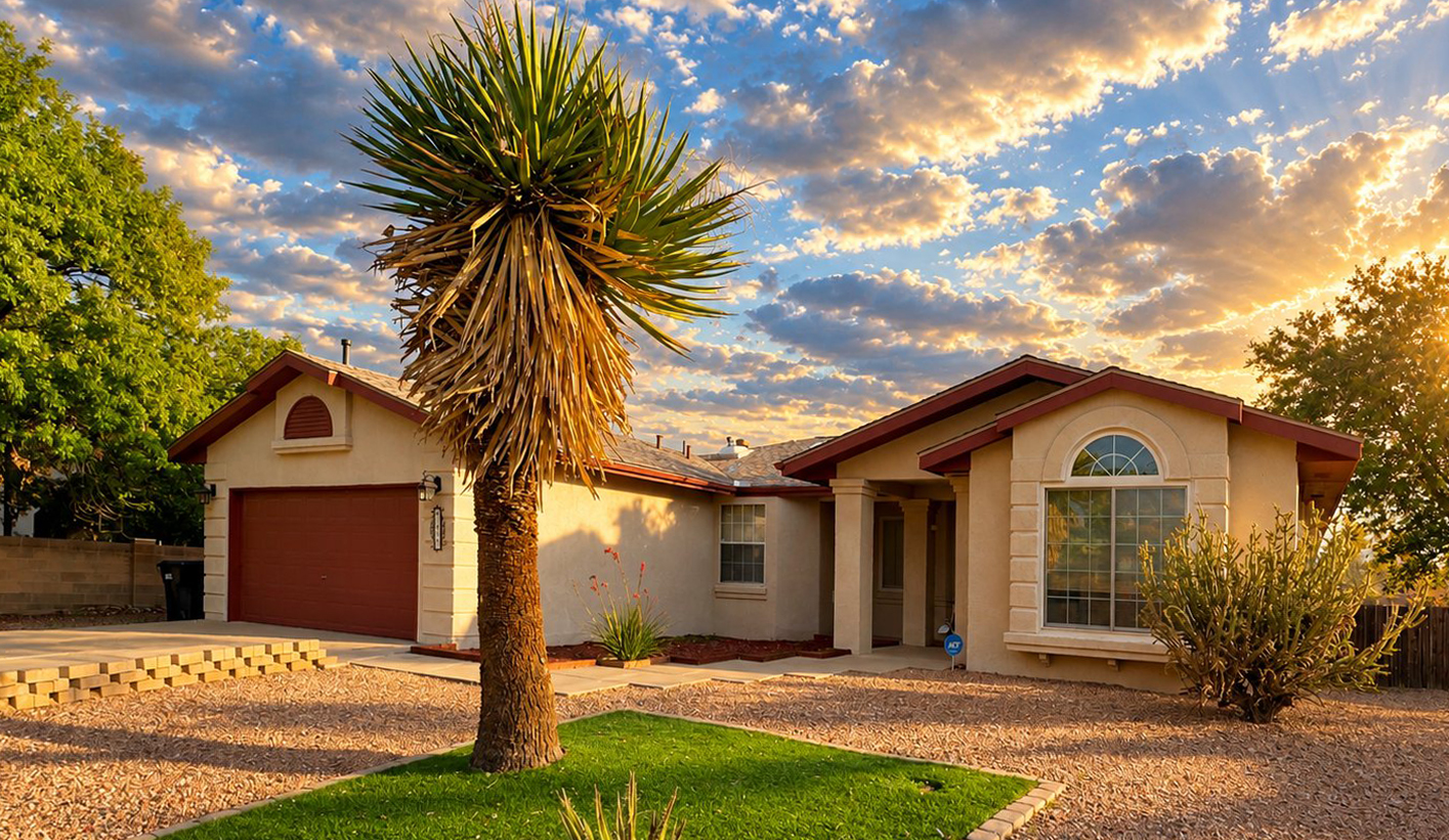 Front of 2881 Chessman Dr SE, Rio Rancho, NM with yucca and xeriscaped yard at sunset