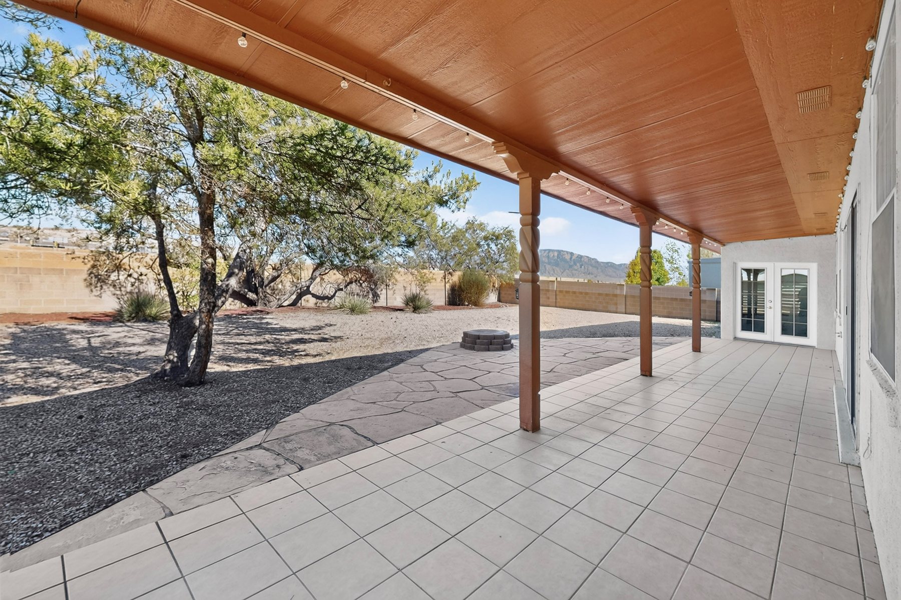 Covered patio looking toward the Sandia Mountains